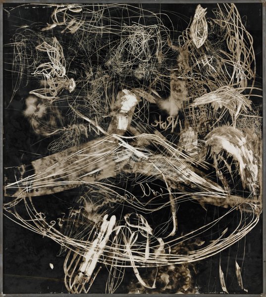 untitled, 1989, drawing on soot covered glass, 72.83 x 65.74 in
