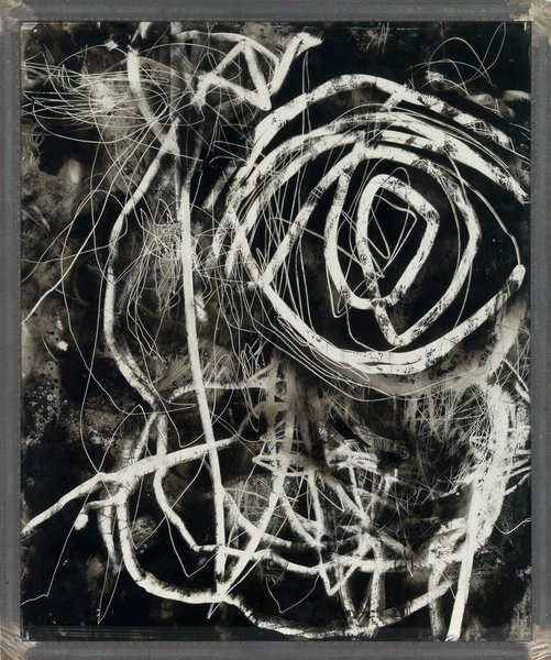 untitled, 1989, drawing on soot covered glass, 23.62 x 19.69 in